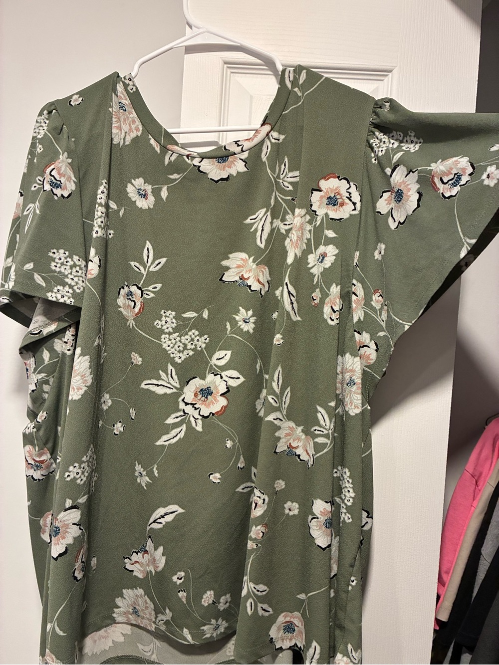 Olive Green Floral Short Sleeve Blouse